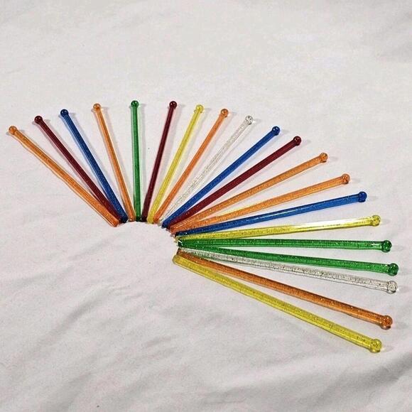 Other - Vintage Swizzle Sticks Set Of 20 Plastic Glitter MCM Barware Multi Color